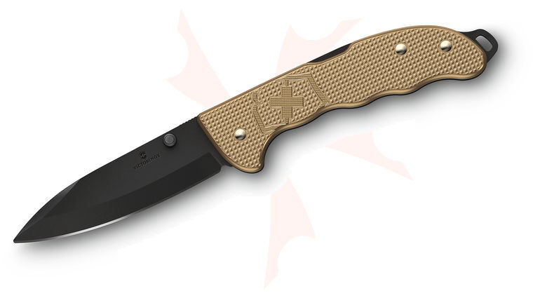 Victorinox Swiss Army Evoke Folding Knife 3.875 inch Black Drop Point Blade, Beige Alox Handles with Clip