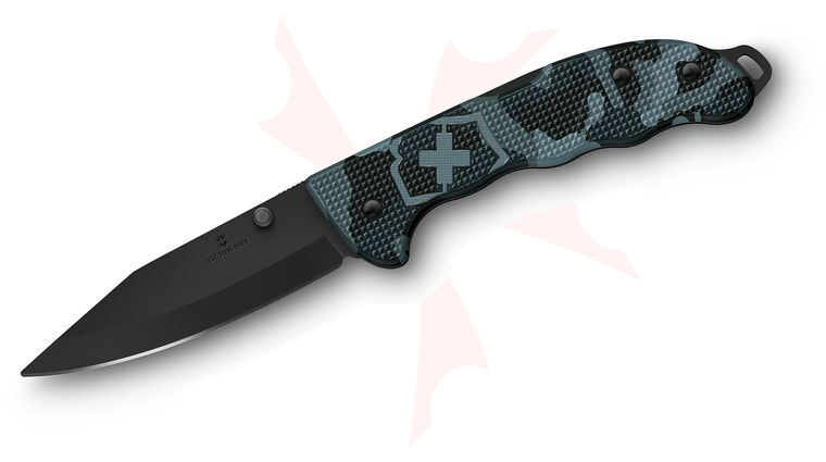 Victorinox Swiss Army Evoke Folding Knife 3.875 inch Black Clip Point Blade, Navy Camo Alox Handles with Clip