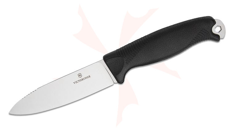 Victorinox Swiss Army Venture Collection Fixed Blade Knife 4.13 inch 14C28N Satin Drop Point Blade, Black Polymer Handles, Plastic Sheath
