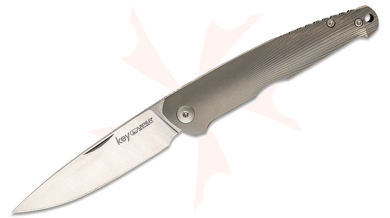 Viper Knives Vox Key Slipjoint Folding Knife 3.25 inch M390 Drop Point Blade, Gray 3D Machined Titanium Handles, Leather Pouch