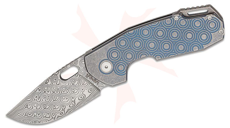Viper Knives Odino Folding Knife 2.875 inch Odin's Eye Damasteel Drop Point Blade, Blue Stonewashed Milled Titanium Handles
