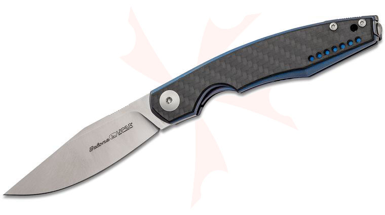 Viper Knives Vox Belone Flipper Knife 3.35 inch M390 Clip Point Blade, Carbon Fiber Handles with Blue Liners