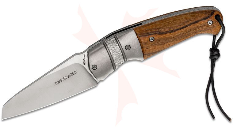 Viper Knives Novis Front Flipper Knife 3 inch M390 Wharncliffe Blade, Bocote Wood Handles with Chiseled Titanium Bolsters, Leather Pouch