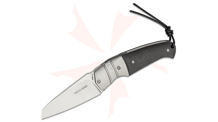 Viper Knives Novis Front Flipper Knife 3 inch M390 Wharncliffe Blade, Carbon Fiber Handles with Chiseled Titanium Bolsters, Leather Pouch
