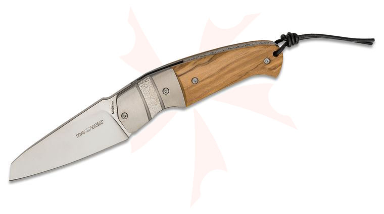 Viper Knives Novis Front Flipper Knife 3 inch M390 Wharncliffe Blade, Olive Wood Handles with Chiseled Titanium Bolsters, Leather Pouch