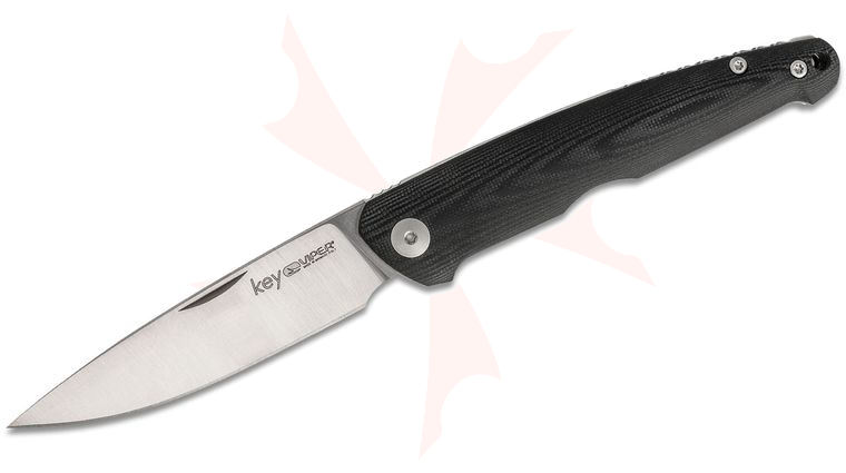Viper Knives Vox Key Slipjoint Folding Knife 3.25 inch M390 Drop Point Blade, Black G10 Handles, Leather Pouch