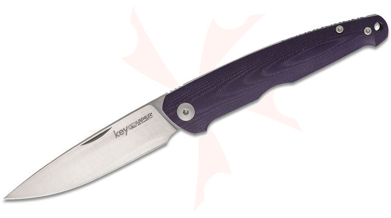 Viper Knives Vox Key Slipjoint Folding Knife 3.25 inch M390 Drop Point Blade, Purple G10 Handles, Leather Pouch