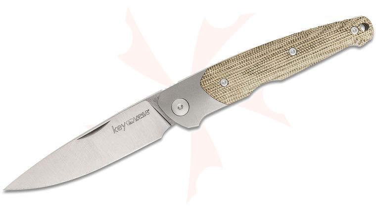 Viper Knives Vox Key Slipjoint Folding Knife 3.25 inch M390 Drop Point Blade, Green Canvas Micarta Handles with Titanium Bolsters, Leather Pouch
