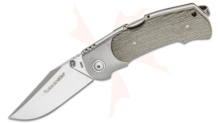 Viper Knives Turn Folding Knife 3.23 inch M390 Satin Clip Point Blade, Bolstered Titanium Handles with Green Canvas Micarta Scales