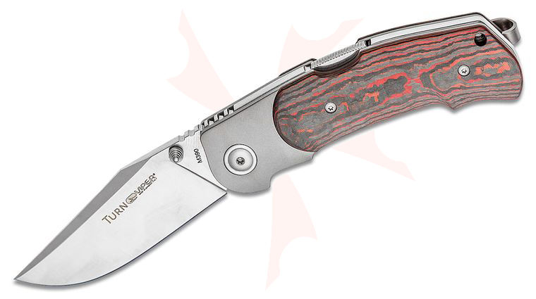 Viper Knives Turn Folding Knife 3.23 inch M390 Satin Clip Point Blade, Bolstered Titanium Handles with Red Lava Carbon Fiber Scales