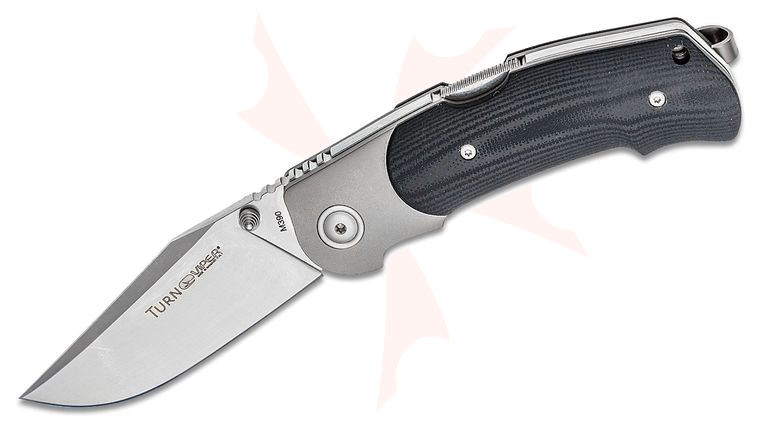 Viper Knives Turn Folding Knife 3.23 inch M390 Satin Clip Point Blade, Bolstered Titanium Handles with Black G10 Scales
