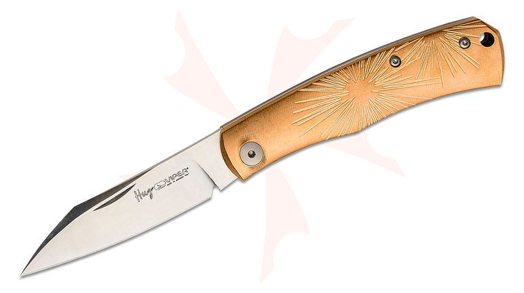 Viper Knives Hug Slipjoint Folding Knife 3.125 inch M390 Satin Sheepsfoot Blade, Star Pattern Bronze Handles, Leather Sheath