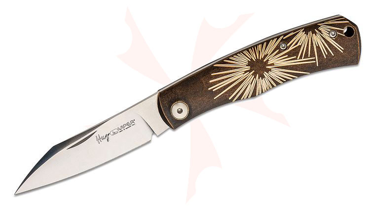 Viper Knives Hug Slipjoint Folding Knife 3.125 inch M390 Satin Sheepsfoot Blade, Star Pattern Dark Stonewashed Bronze Handles, Leather Sheath