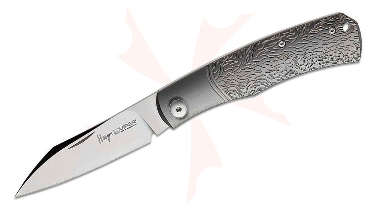 Viper Knives Hug Ti Slipjoint Folding Knife 3.125 inch M390 Satin Sheepsfoot Blade, Fur Pattern Titanium Handles, Leather Sheath