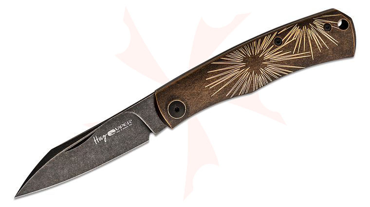 Viper Knives Hug Slipjoint Folding Knife 3.125 inch M390 Dark Stonewashed Sheepsfoot Blade, Star Pattern Dark Stonewashed Bronze Handles, Leather Sheath