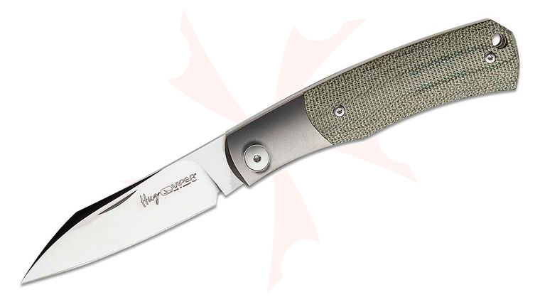 Viper Knives Hug Slipjoint Folding Knife 3.125 inch M390 Satin Sheepsfoot Blade, Bolstered Titanium Handles with Green Canvas Micarta Scales