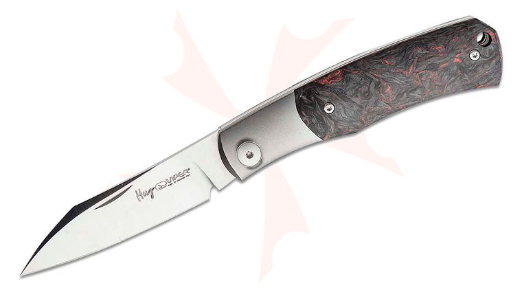 Viper Knives Hug Slipjoint Folding Knife 3.125 inch M390 Satin Sheepsfoot Blade, Bolstered Titanium Handles with Dark Matter Red Carbon Fiber Scales