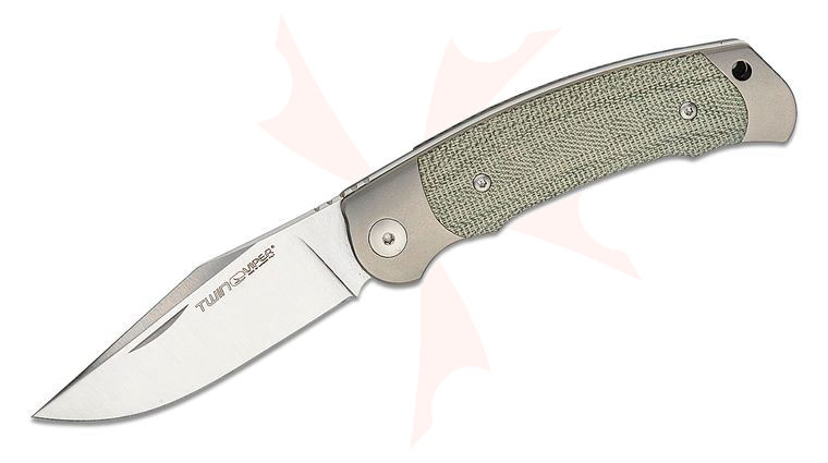 Viper Knives Twin Slipjoint Folding Knife 3.03 inch M390 Satin Clip Point Blade, Bolstered Titanium Handles with Green Canvas Micarta Scales, Leather Pocket Sheath