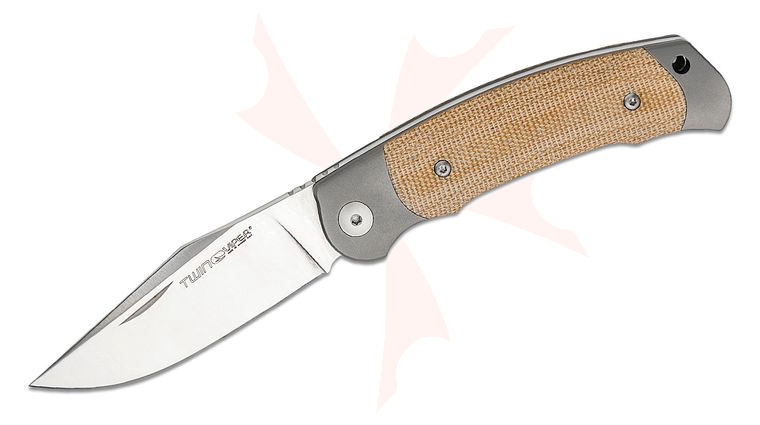 Viper Knives Twin Slipjoint Folding Knife 3.03 inch M390 Satin Clip Point Blade, Bolstered Titanium Handles with Natural Canvas Micarta Scales, Leather Pocket Sheath