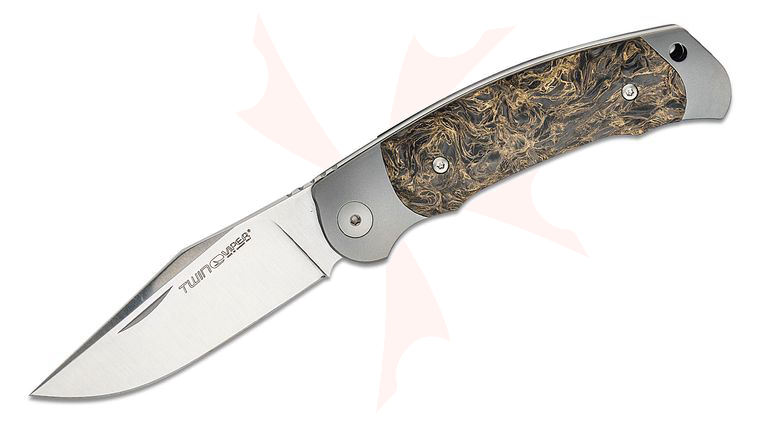 Viper Knives Twin Slipjoint Folding Knife 3.03 inch M390 Satin Clip Point Blade, Bolstered Titanium Handles with Gold Dark Matter FatCarbon Scales, Leather Pocket Sheath