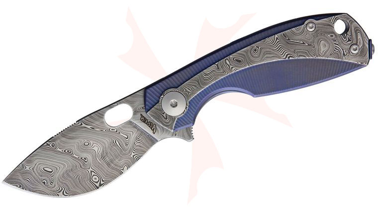 Viper Knives Vox Lille Damascus Flipper Knife 2.5 inch Bjorkmans Twist Damasteel Blade, Damasteel Handles with Blue Titanium Liners, Wooden Gift Box and Bijoux