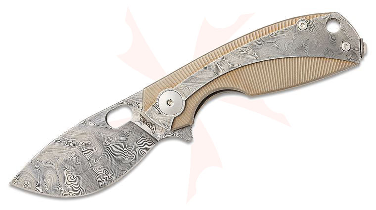 Viper Knives Vox Lille Damascus Flipper Knife 2.5 inch Bjorkmans Twist Damasteel Blade, Damasteel Handles with Bronze Titanium Liners, Wooden Gift Box and Bijoux