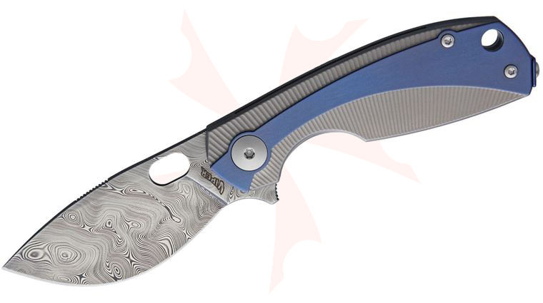 Viper Knives Vox Lille Damascus Flipper Knife 2.5 inch Bjorkmans Twist Damasteel Blade, Blue Titanium Handles with Gray Liners, Wooden Gift Box