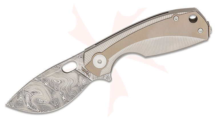 Viper Knives Vox Lille Damascus Flipper Knife 2.5 inch Bjorkmans Twist Damasteel Blade, Bronze Titanium Handles with Gray Liners, Wooden Gift Box