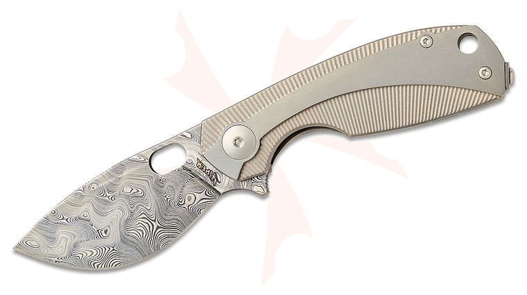 Viper Knives Vox Lille Damascus Flipper Knife 2.5 inch Bjorkmans Twist Damasteel Blade, Bead Blasted Titanium Handles with Gray Liners, Wooden Gift Box