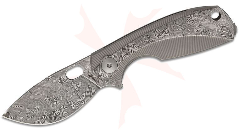 Viper Knives Vox Lille Damascus Flipper Knife 2.5 inch Bjorkmans Twist Damasteel Blade, Damasteel Handles with Gray Titanium Liners, Wooden Gift Box and Bijoux