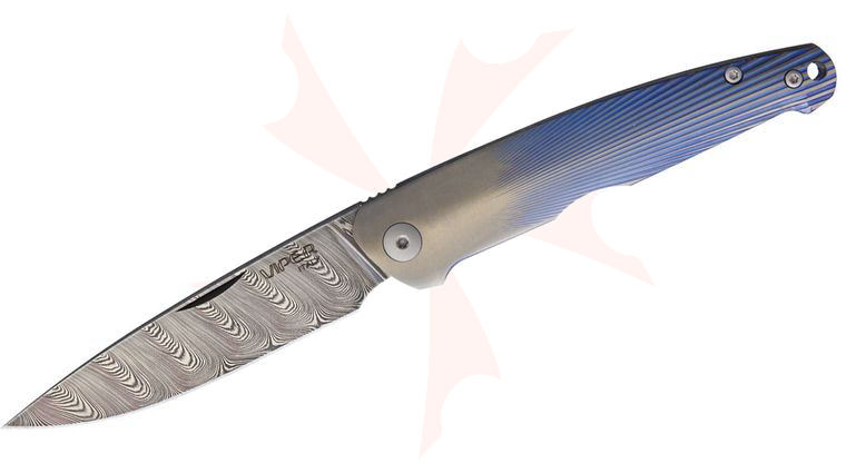 Viper Knives Vox Key Slipjoint Folding Knife 3.25 inch Damascus Drop Point Blade, Blue 3D Machined Titanium Handles, Display Stand