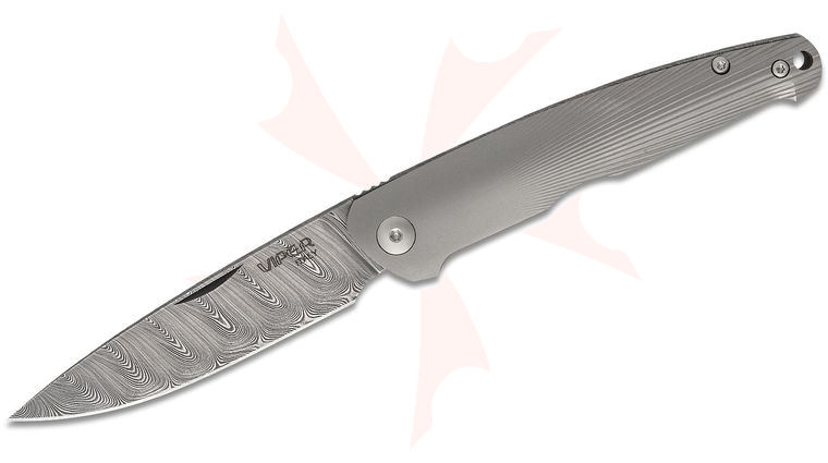 Viper Knives Vox Key Slipjoint Folding Knife 3.25 inch Damascus Drop Point Blade, Gray 3D Machined Titanium Handles, Display Stand