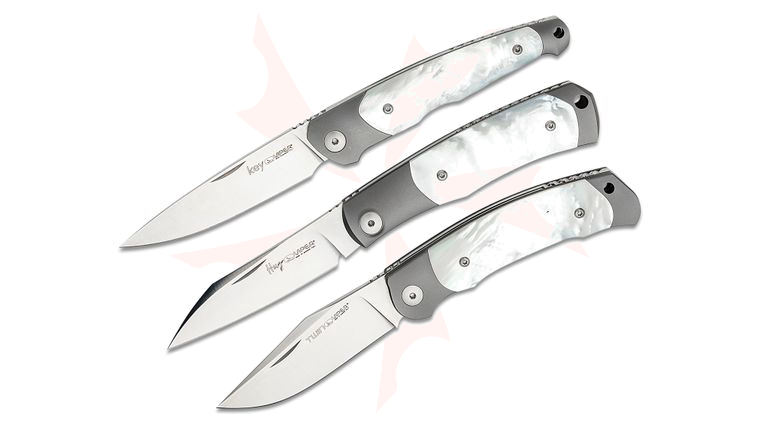 Viper Knives Limited Edition Mother of Pearl Collection 3-Piece Slipjoint Set, M390 and Bolstered Titanium Handles with Mother of Pearl Inlays, Leather Pocket Sheaths, Cylindrical Wood/Plexiglass Display Case