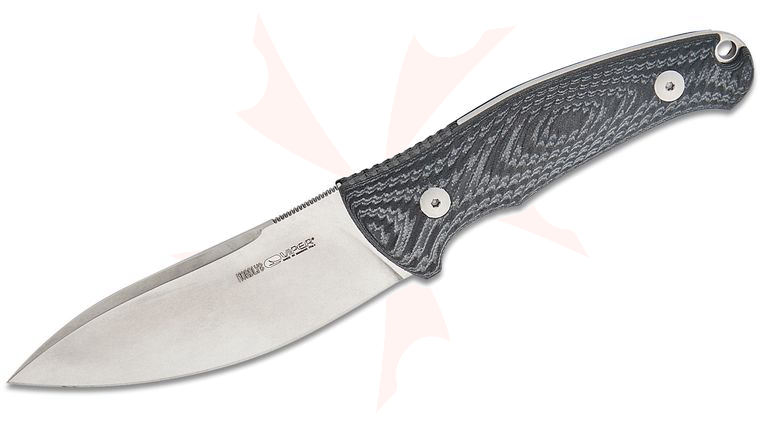 Viper Knives Anso Nordlys Fixed Blade Knife 3.75 inch Bohler N690 Stonewashed Modified Drop Point, Black SureTouch Handles, Leather Sheath