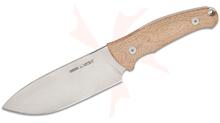 Viper Knives Anso Ranger Fixed Blade Knife 4.63 inch Bohler N690 Stonewashed Drop Point, Natural Canvas Micarta Handles, Leather Sheath