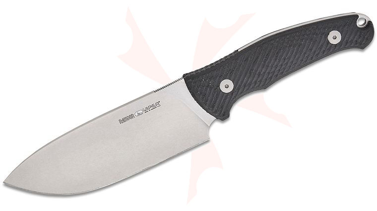 Viper Knives Anso Ranger Fixed Blade Knife 4.63 inch Bohler N690 Stonewashed Drop Point, Black SureTouch Handles, Leather Sheath