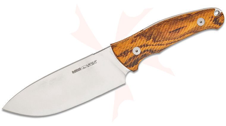 Viper Knives Anso Ranger Fixed Blade Knife 4.63 inch Bohler N690 Satin Drop Point, Bocote Wood Handles, Leather Sheath