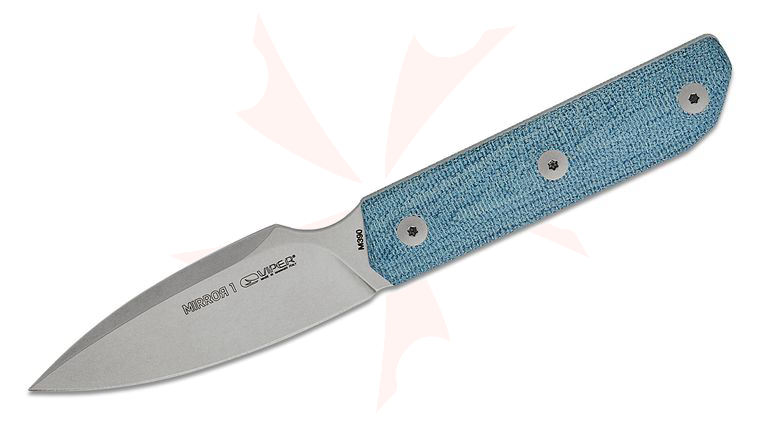 Viper Knives Mirror1 Pocket Fixed Blade Knife 3.11 inch M390 Stonewashed Spear Point Blade, 3D Machined Denim Canvas Micarta Handles, Magnetic Leather Sheath