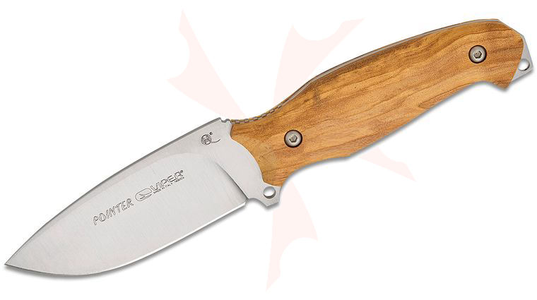 Viper Knives Pointer Fixed Blade Knife 4.25 inch Bohler N690 Satin Drop Point Blade, Olive Wood Handles, Leather Sheath