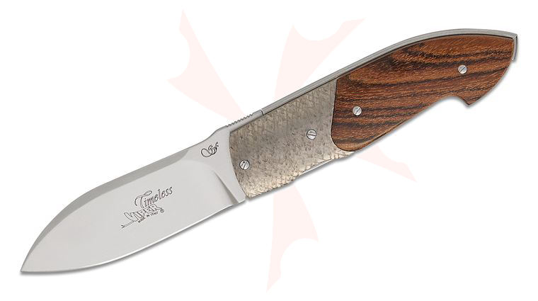 Viper Knives Timeless Folding Knife 2.81 inch N690 Satin Drop Point Blade, Bocote Wood Handles with Hammered Titanium Bolsters, Leather Pouch