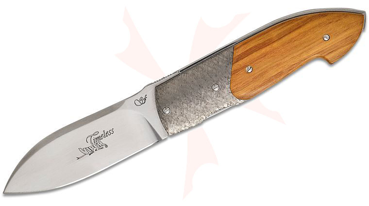 Viper Knives Timeless Liner Lock Front Flipper Knife 2.81 inch N690 Polished Drop Point Blade, Olive Wood Handles with Hammered Titanium Bolsters, Leather Pocket Sheath