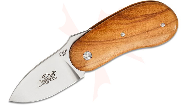 Viper Knives Drop Liner Lock Front Flipper Knife 1.88 inch Nitro-B Satin Drop Point Blade, Olive Wood Handles, Leather Pouch