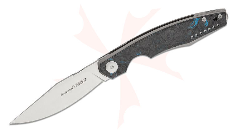 Viper Knives Vox Belone Flipper Knife 3.35 inch M390 Satin Clip Point Blade, Blue Dark Matter FatCarbon Handles with Gray Liners