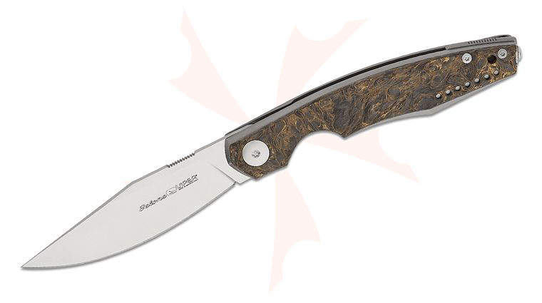 Viper Knives Vox Belone Flipper Knife 3.35 inch M390 Satin Clip Point Blade, Gold Dark Matter FatCarbon Handles with Gray Liners