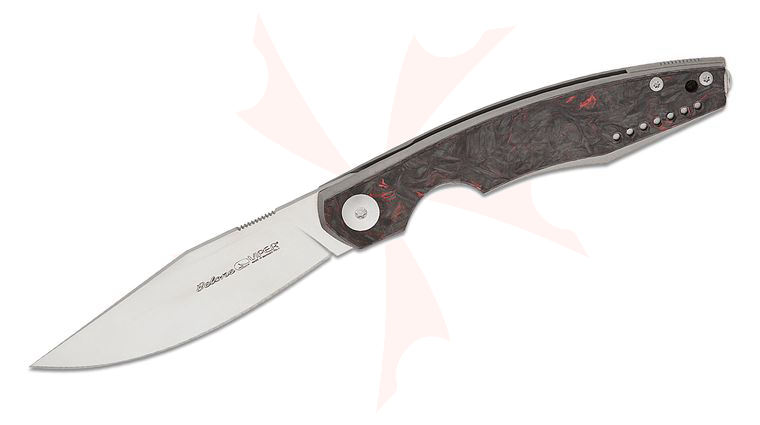 Viper Knives Vox Belone Flipper Knife 3.35 inch M390 Satin Clip Point Blade, Red Dark Matter FatCarbon Handles with Gray Liners