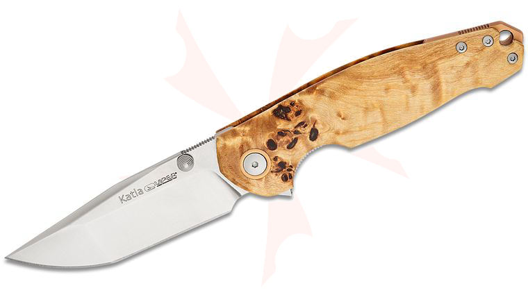 Viper Knives Vox Katla Flipper Knife 3.25 inch M390 Satin Tanto Blade, Flammed Poplar Wood Handles with Bronze Backspacer