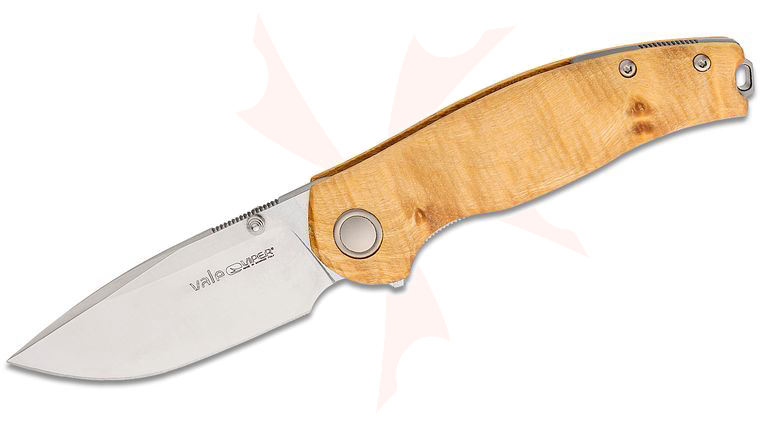 Viper Knives Jesper Voxnaes Vale Flipper Knife 3 inch CPM-MagnaCut Satin Drop Point Blade, Flamed Poplar Wood Handles