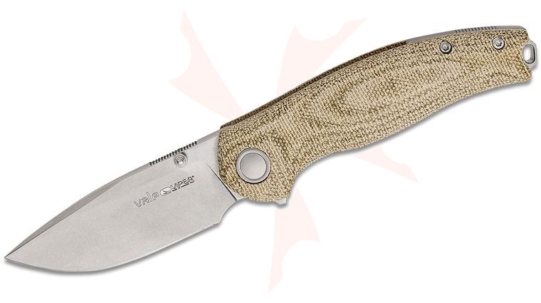 Viper Knives Jesper Voxnaes Vale Flipper Knife 3 inch CPM-MagnaCut Stonewashed Drop Point Blade, Green Canvas Micarta Handles