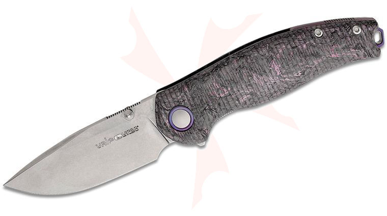 Viper Knives Jesper Voxnaes Vale Flipper Knife 3 inch CPM-MagnaCut Stonewashed Drop Point Blade, Purple Dark Matter FatCarbon Handles