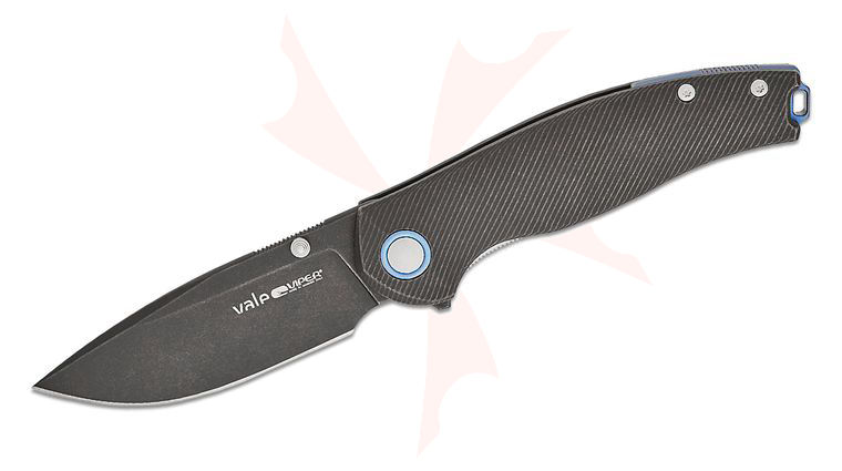 Viper Knives Jesper Voxnaes Vale Liner Lock Flipper Knife 3 inch CPM-MagnaCut Black Stonewashed Drop Point Blade, Black Milled Titanium Handles, Blue Accents